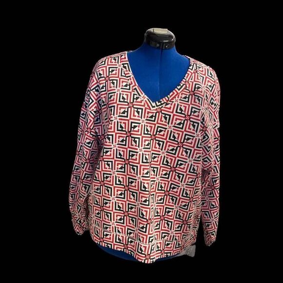 LIZ CLAIBORNE RED WHITE & Black V Neck Sweatshirt Top Size XL New With Tags - Picture 11 of 12